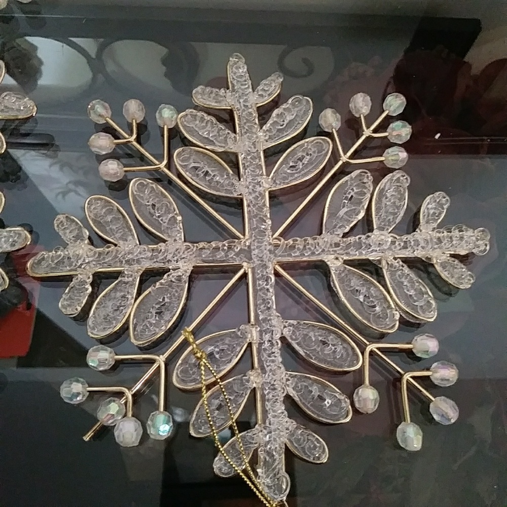 Set of 4 Clear and gold beaded snowflake ornaments